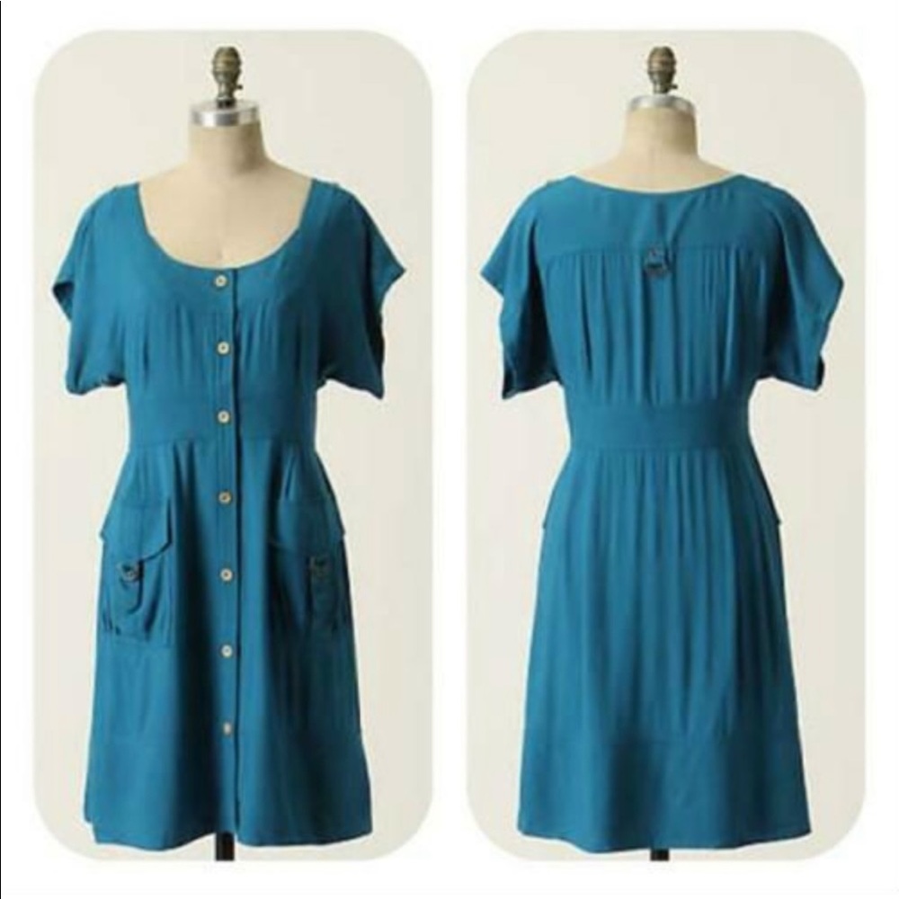 Anthro’s Maeve Staysail Safari shirt dress in teal blue